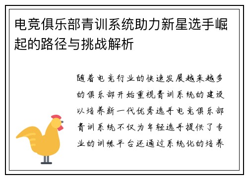 电竞俱乐部青训系统助力新星选手崛起的路径与挑战解析