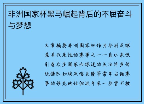 非洲国家杯黑马崛起背后的不屈奋斗与梦想